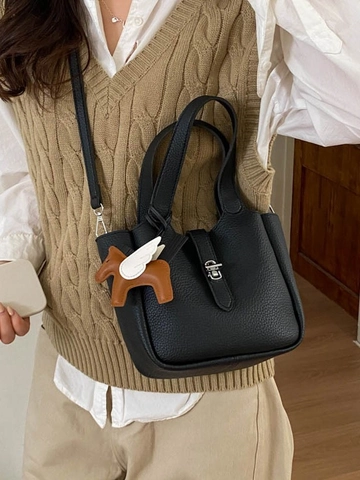 Women Fashion Litchi Texture PU Leather Bucket Bag Minimalist Shoulder Crossbody Bag With Pegasus Charm Daily Handbag
