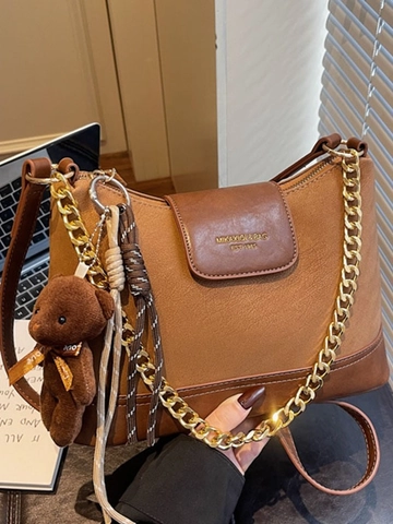 Vintage PU Leather Dumpling Crossbody Bag For Women Fashion Contrast Color Shoulder Bag With Metal Chain Teddy Bear Pendant