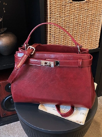 Women Vintage PU Leather Shoulder Bag Retro Kelly Style Handbag With Metal Turn Lock Small Square Crossbody Bag Daily