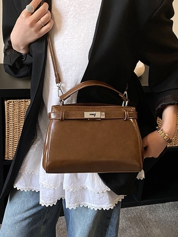 Women Vintage PU Leather Shoulder Bag Retro Kelly Style Handbag With Metal Turn Lock Small Square Crossbody Bag Daily