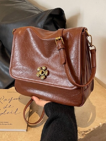 Vintage PU Leather Shoulder Crossbody Bag For Women Retro Flower Metal Buckle Stitching Small Square Handbag Daily Commute