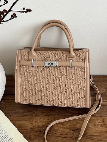 Minimalist PU Leather Crossbody Bag For Women Textured Embossed Shoulder Bag With Top Handle Metal Lock Office Lady Handbag