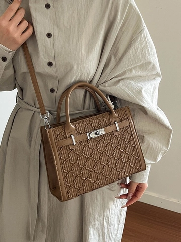 Minimalist PU Leather Crossbody Bag For Women Textured Embossed Shoulder Bag With Top Handle Metal Lock Office Lady Handbag