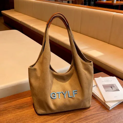 Women Large Capacity Canvas Tote Bag With Leather Handle Letter Embroidery Casual Shoulder Bag For Daily School Commute