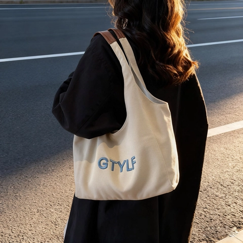 Bolso Tote de Lona para Mujer de Gran Capacidad Con Asa de Cuero Bordado de Letras Bolso de Hombro Casual Diario