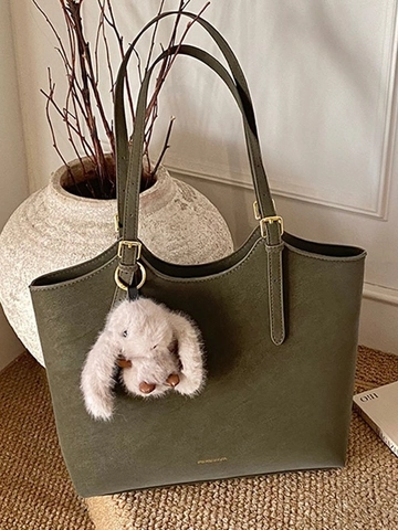 Bolso Tote de Cuero PU Vintage de Gran Capacidad Mujer Bolso de Hombro Minimalista Color Sólido Bolso de Mano Viajero Con Colgante de Conejo de Felpa