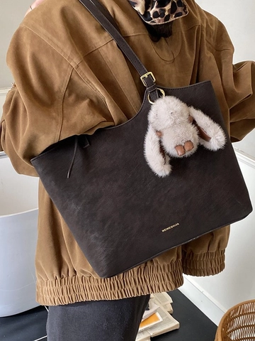 Bolso Tote de Cuero PU Vintage de Gran Capacidad Mujer Bolso de Hombro Minimalista Color Sólido Bolso de Mano Viajero Con Colgante de Conejo de Felpa