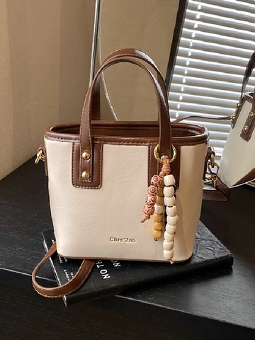 Women's Vintage PU Leather Bucket Bag Beaded Tassel Charm Fashion Casual Shoulder Bag High Quality Crossbody Handbag Daily Top-Handle Bag