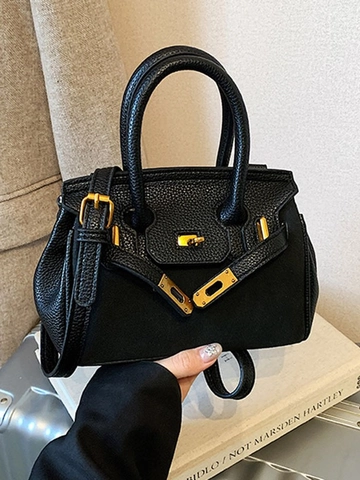 Women Retro Litchi Pattern PU Leather Handbag Elegant Metal Lock Top Handle Bag Adjustable Shoulder Strap Casual Office Crossbody Bag