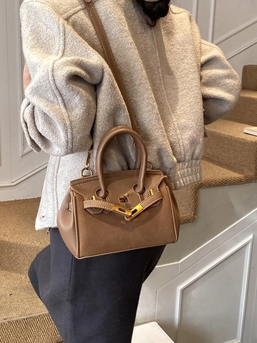 Women Retro Litchi Pattern PU Leather Handbag Elegant Metal Lock Top Handle Bag Adjustable Shoulder Strap Casual Office Crossbody Bag