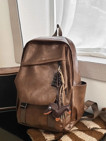 Vintage PU Lederen Rugzak Voor Dames Heren Grote Capaciteit Retro Rugzak Casual Reizen Schooltas Met Schattige Teckel Hanger