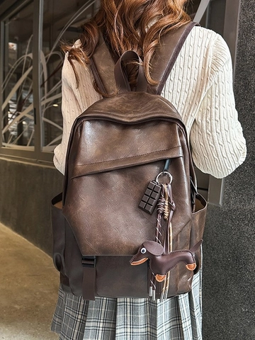 Vintage PU Lederen Rugzak Voor Dames Heren Grote Capaciteit Retro Rugzak Casual Reizen Schooltas Met Schattige Teckel Hanger