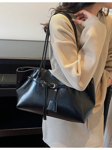 Damen Große Kapazität Glänzende PU Leder Tote Bag Vintage Casual Schultertasche Mit Gürtelschnalle Dekor Und Magnetverschluss