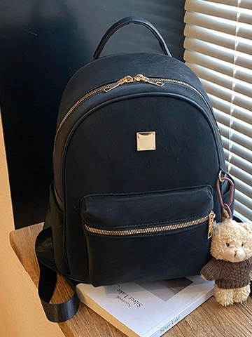 Mochila de Cuero PU para Mujer Tendencia Coreana Gran Capacidad Vintage Color Sólido Bolsa de Viaje con Llavero de Oso