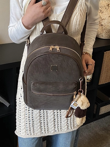 Mochila de Cuero PU para Mujer Tendencia Coreana Gran Capacidad Vintage Color Sólido Bolsa de Viaje con Llavero de Oso