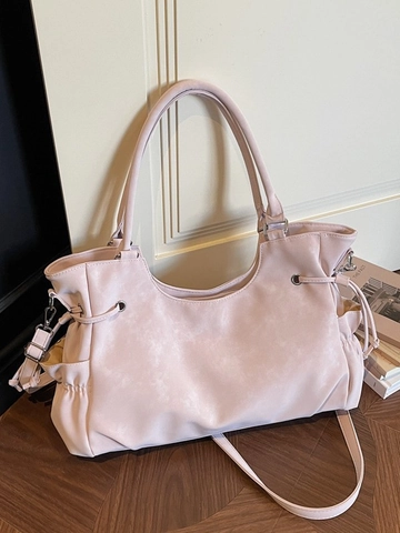 Retro Large Capacity PU Leather Tote Bag For Women Minimalist Drawstring Shoulder Bag With Adjustable Strap Casual Handbag