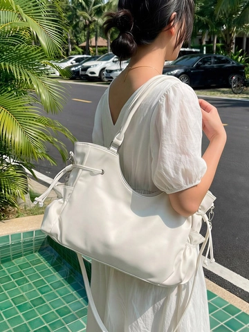 Retro Large Capacity PU Leather Tote Bag For Women Minimalist Drawstring Shoulder Bag With Adjustable Strap Casual Handbag