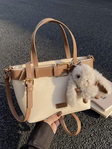 Vintage Women's PU Leather Bucket Bag Fashion Contrast Color Shoulder Crossbody Bag With Plush Rabbit Charm