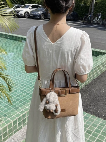 Vintage Women's PU Leather Bucket Bag Fashion Contrast Color Shoulder Crossbody Bag With Plush Rabbit Charm