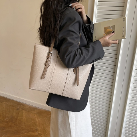 Borsa Tote da Donna Vintage in Pelle PU a Grana Grossa Grande Capacità Minimalista Borsa a Tracolla Pendolare di Classe