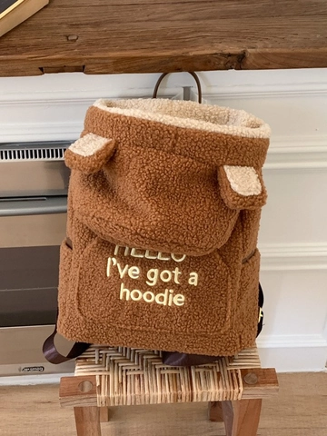 Cute Brown Teddy Fleece Bear Ear Backpack For Women Sherpa Plush School Bag Large Capacity Casual Travel Daypack With Embroidery