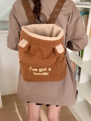 Cute Brown Teddy Fleece Bear Ear Backpack For Women Sherpa Plush School Bag Large Capacity Casual Travel Daypack With Embroidery