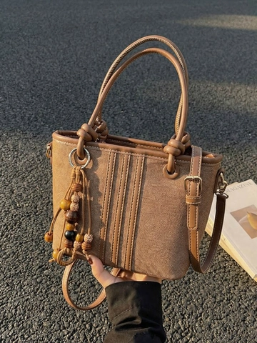 Vintage Women Bucket Bag PU Leather Canvas Splicing Tote Shoulder Bag With Wooden Bead Charm Contrast Stitching Handbag