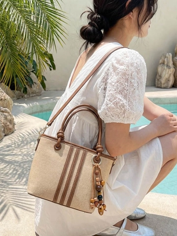 Vintage Women Bucket Bag PU Leather Canvas Splicing Tote Shoulder Bag With Wooden Bead Charm Contrast Stitching Handbag