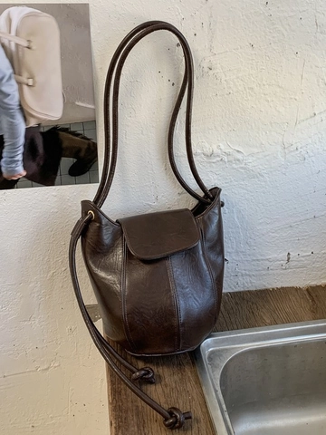 Bolso Bombonera de Cuero PU Minimalista Vintage para Mujer Bolso de Hombro Retro con Costuras Bolso de Mano con Correa Anudada