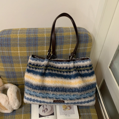 Damen Große Kapazität Plüsch Streifen Tote Bag Kunstpelz Schultertasche Weiche Flauschige Unterarmtasche Für Mode Reisen Handtasche