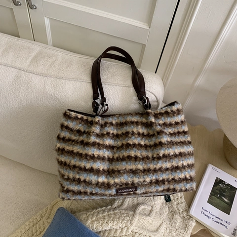 Damen Große Kapazität Plüsch Streifen Tote Bag Kunstpelz Schultertasche Weiche Flauschige Unterarmtasche Für Mode Reisen Handtasche