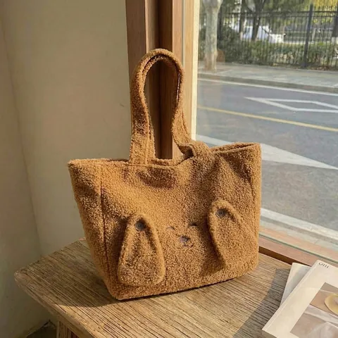 Women Cute Plush Cartoon Dog Tote Bag Large Capacity Soft Faux Lamb Wool Shoulder Bag Autumn Winter Casual Commuting Handbag