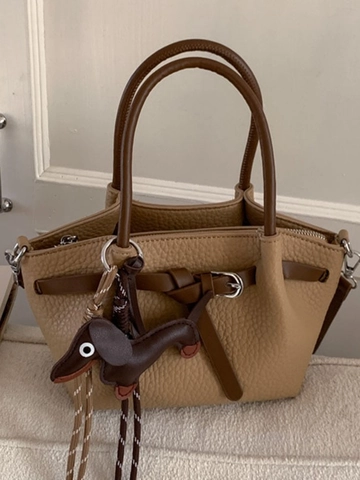 Women Vintage PU Leather Bucket Bag Contrast Color Handbag With Dog Pendant Adjustable Strap Crossbody Bag Daily Purse
