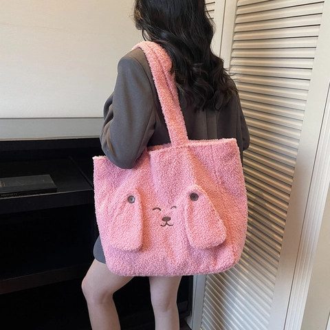 Women Cute Plush Cartoon Dog Tote Bag Large Capacity Soft Faux Lamb Wool Shoulder Bag Autumn Winter Casual Commuting Handbag