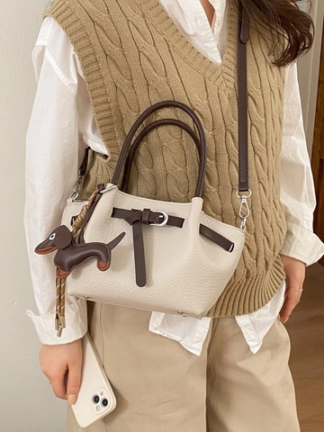 Women Vintage PU Leather Bucket Bag Contrast Color Handbag With Dog Pendant Adjustable Strap Crossbody Bag Daily Purse