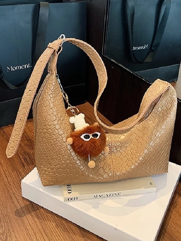 Damen Minimalistisch Webmuster Schultertasche Große Kapazität PU Leder Hobo Achseltasche Mit Plüschanhänger Pendler Tragetasche