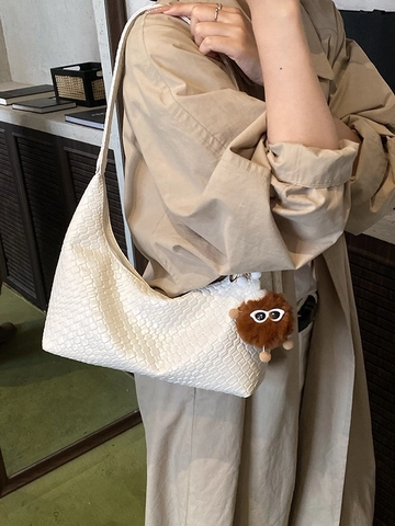 Damen Minimalistisch Webmuster Schultertasche Große Kapazität PU Leder Hobo Achseltasche Mit Plüschanhänger Pendler Tragetasche