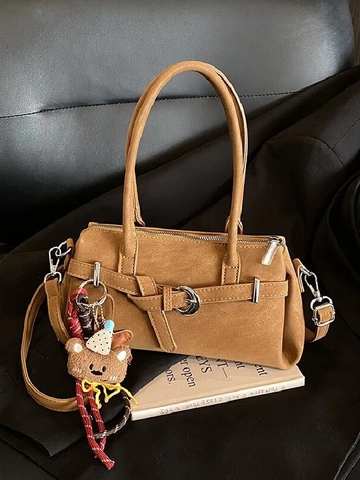 Vintage Frosted PU Leather Shoulder Bag For Women Retro Pillow Handbag With Bear Pendant Casual Commuting Daily Use Tote Bag