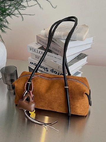 Women's Vintage Suede Cylindrical Shoulder Bag Large Capacity Minimalist Underarm Bag With Mini Bag Charm For Daily Commute