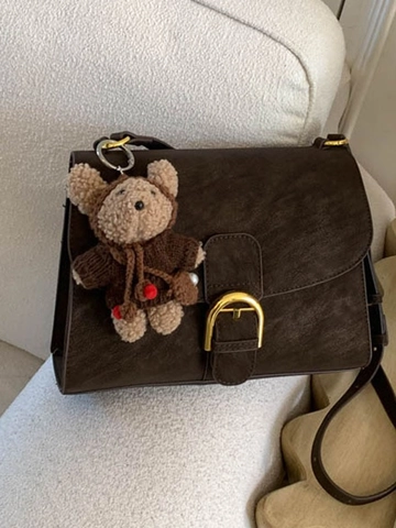 Bolso Bandolera de Cuero PU Vintage para Mujer Textura de Gamuza Esmerilada Bolso de Hombro Cuadrado Pequeño Con Colgante de Oso de Peluche Hebilla Magnética Bolso Chic