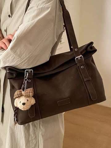 Women Large Capacity PU Leather Shoulder Bag Retro Minimalist Commuting Tote Bag With Cute Plush Pendant Underarm Handbag