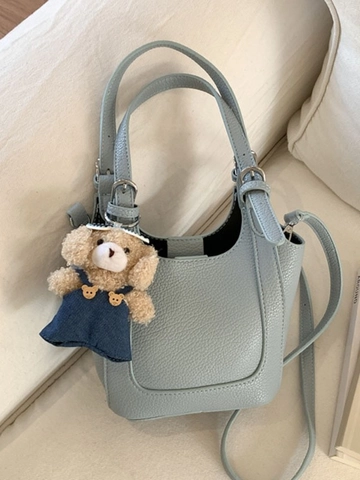 Women Litchi Texture PU Leather Bucket Bag With Cute Bear Pendant Fashion Casual Shoulder Crossbody Bag Handbag For Daily