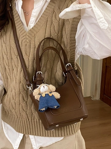 Women Litchi Texture PU Leather Bucket Bag With Cute Bear Pendant Fashion Casual Shoulder Crossbody Bag Handbag For Daily