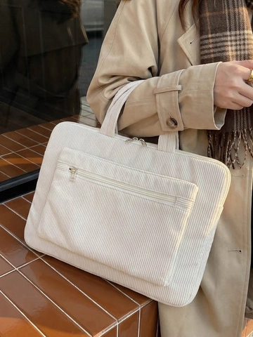 Minimalist Corduroy Laptop Bag For Women Large Capacity Shoulder Tote Handbag With Front Zipper Pocket For Office School
