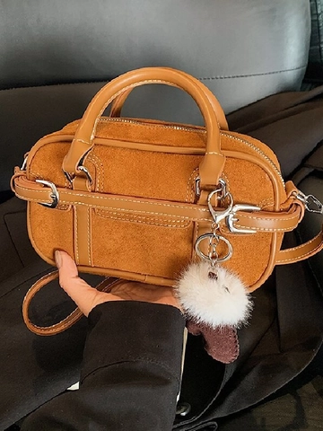 Dames Retro Suède PU Leer Bowling Tas Contraststiksel Boston Schoudertas Hanger Verstelbare Riem Crossbody Handtas