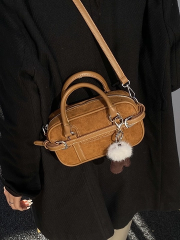 Dames Retro Suède PU Leer Bowling Tas Contraststiksel Boston Schoudertas Hanger Verstelbare Riem Crossbody Handtas
