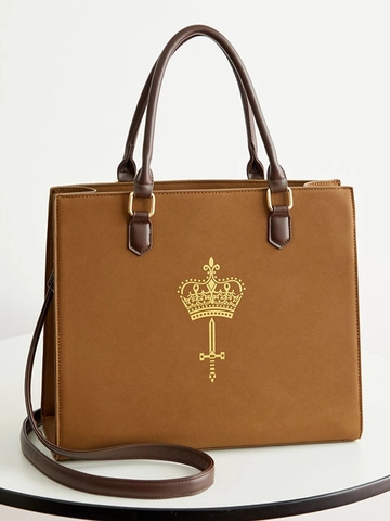 Sac Fourre-tout en PU pour Femme Grande Capacité Style Britannique Vintage Motif Couronne Épée Sac à Bandoulière Quotidien