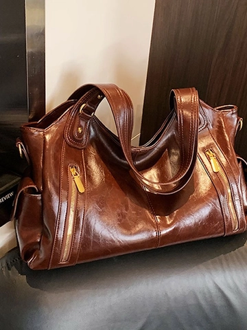 Borsa Tote in Pelle PU Vintage per Donna Grande Capacità Retro Lucida Borsa a Tracolla Con Decorazione Cerniera Handbag Pendolare