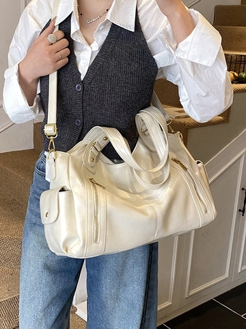 Borsa Tote in Pelle PU Vintage per Donna Grande Capacità Retro Lucida Borsa a Tracolla Con Decorazione Cerniera Handbag Pendolare