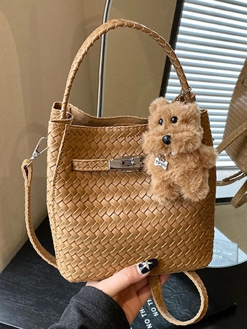 Women Retro Woven PU Leather Bucket Bag Crossbody Shoulder Bag With Metal Lock and Plush Bear Charm Fashion Handbag